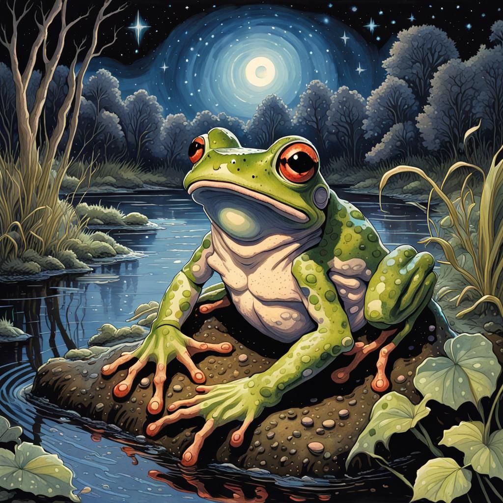 Bioluminescent Frog Smoking Joint: Watercolor Impressionism