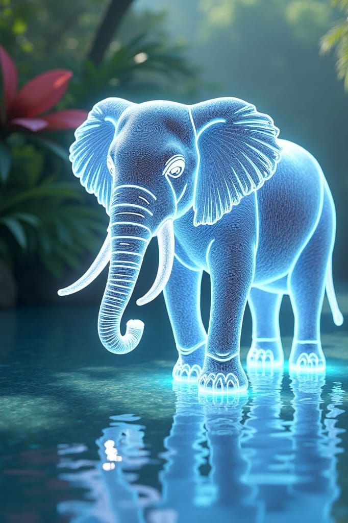 Holographic Elephant in River: 3D Anime Art
