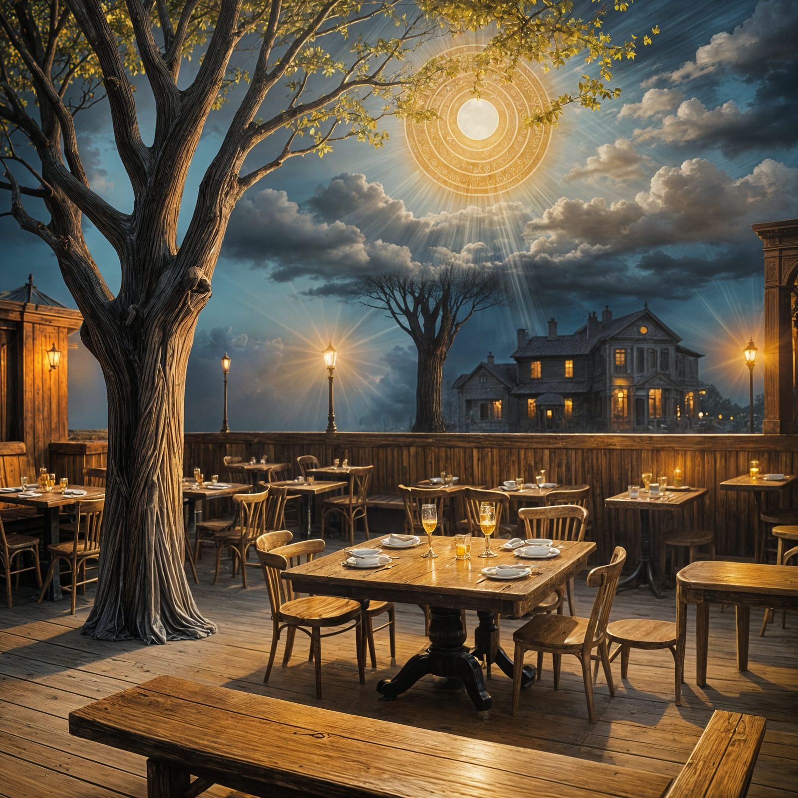 Gilded Wood Carving of 'Night Cafe' in Sunlight