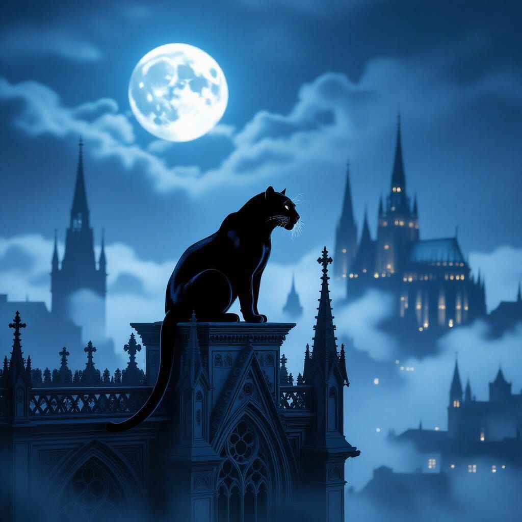 Black Panther on Gothic Cathedral in Dark Surrealism