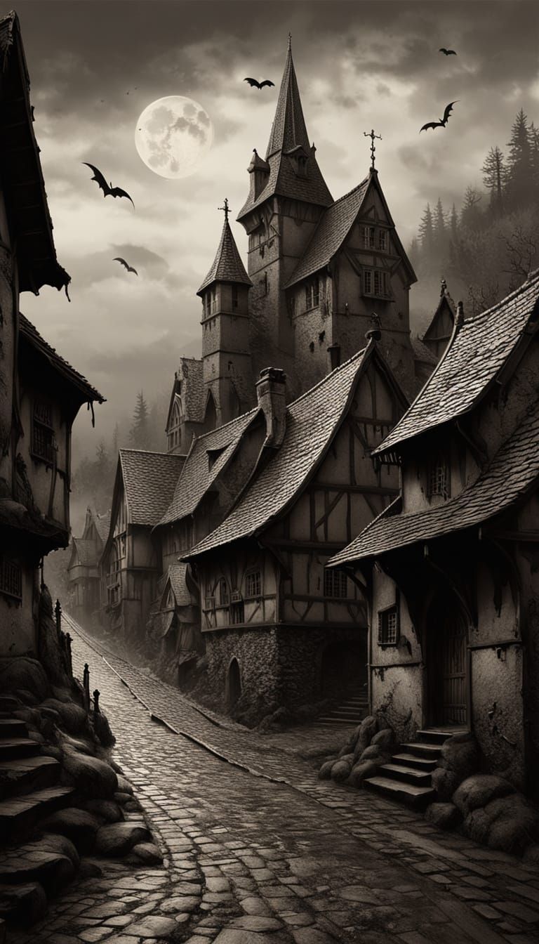 Gothic Hamlet Under Moonlight in Dark Fantasy Style