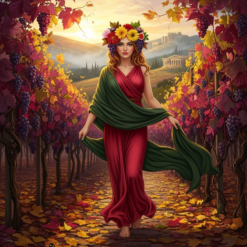 Autumnal Greek Goddess in Vineyard, Neo-Impressionistic Matt...