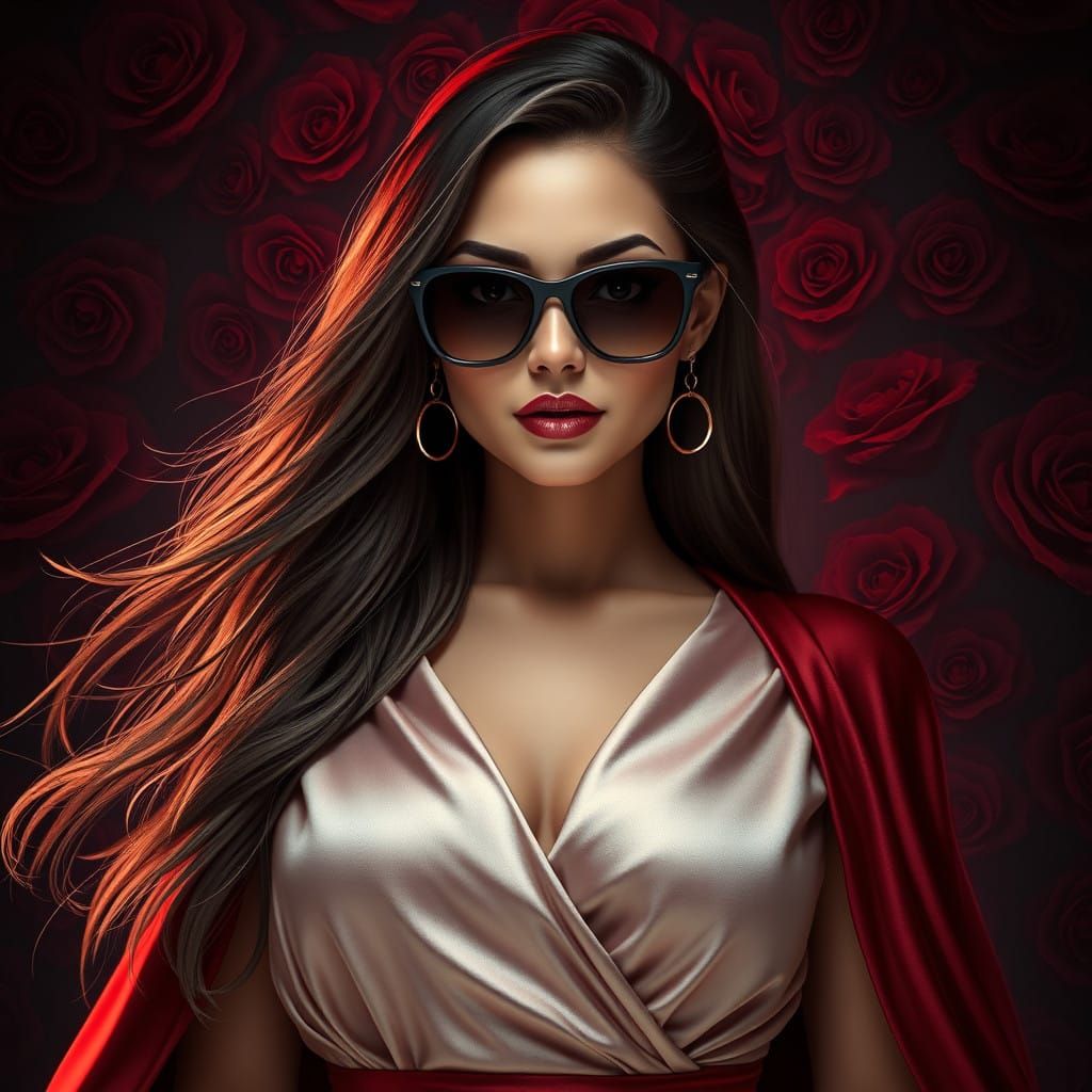 Confident Goddess Amidst Dark Red Roses