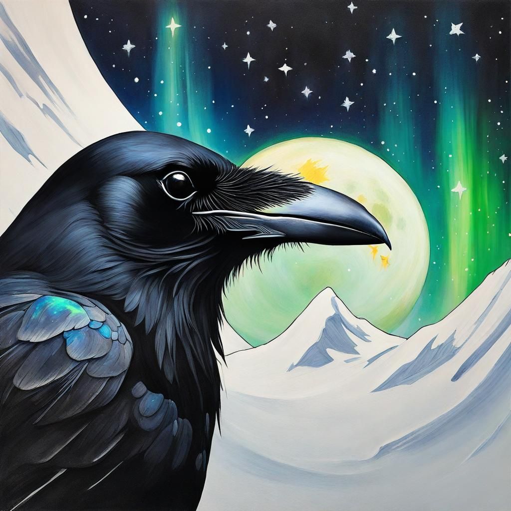 Inuit Painting of Crow, Moon, and Northern Lights