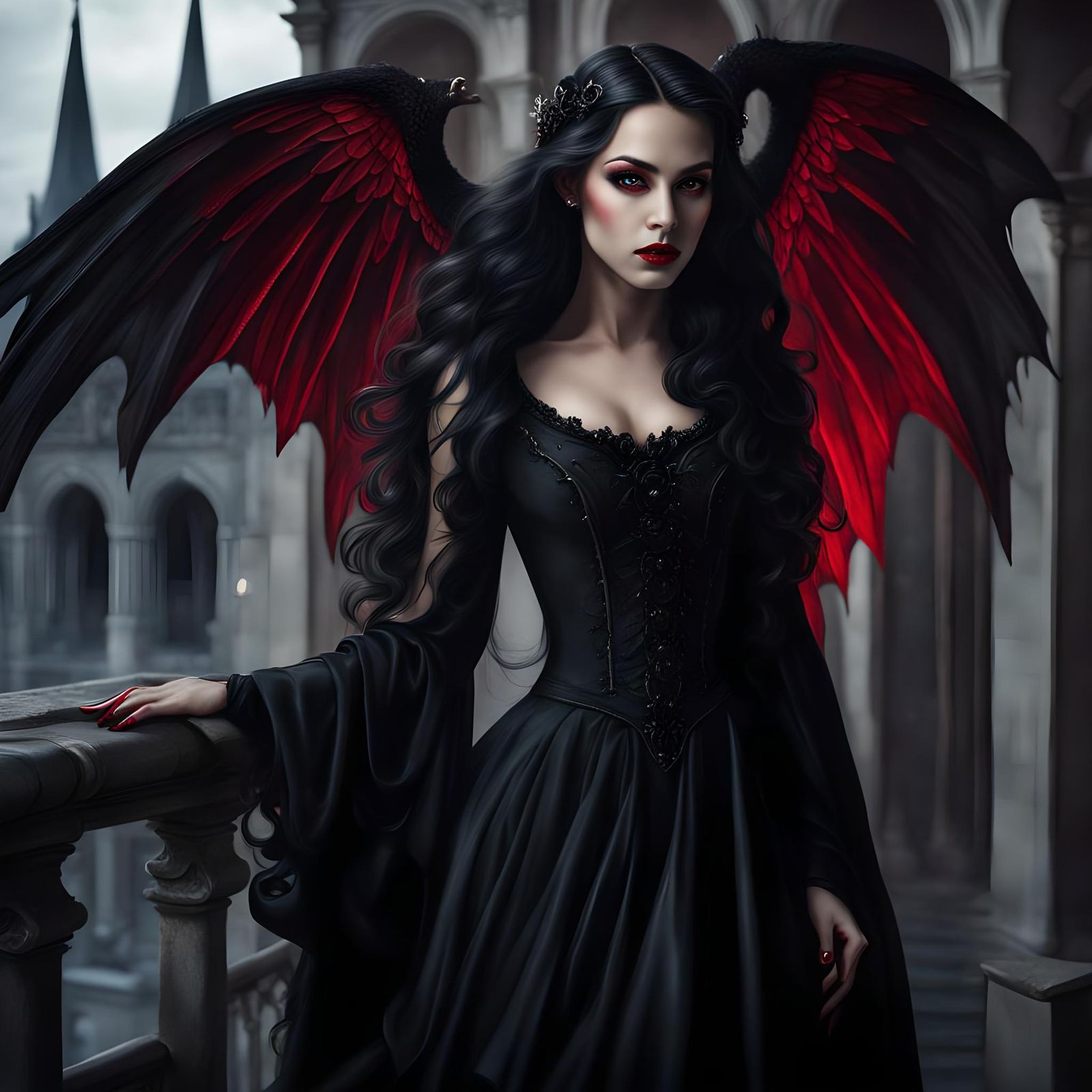 Gothic Woman with Bat Wings on Balcony