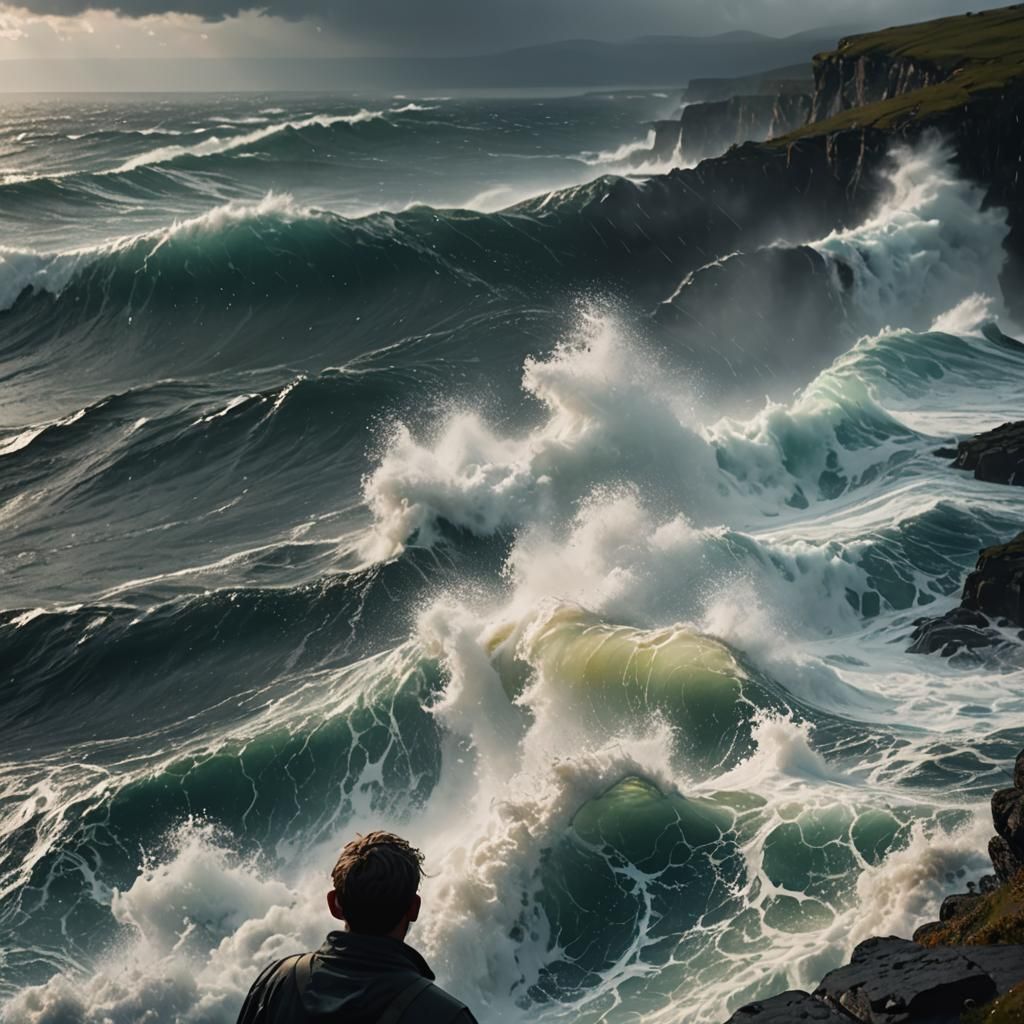 Turbulent Sea: Digital Art in Golden Hour Light