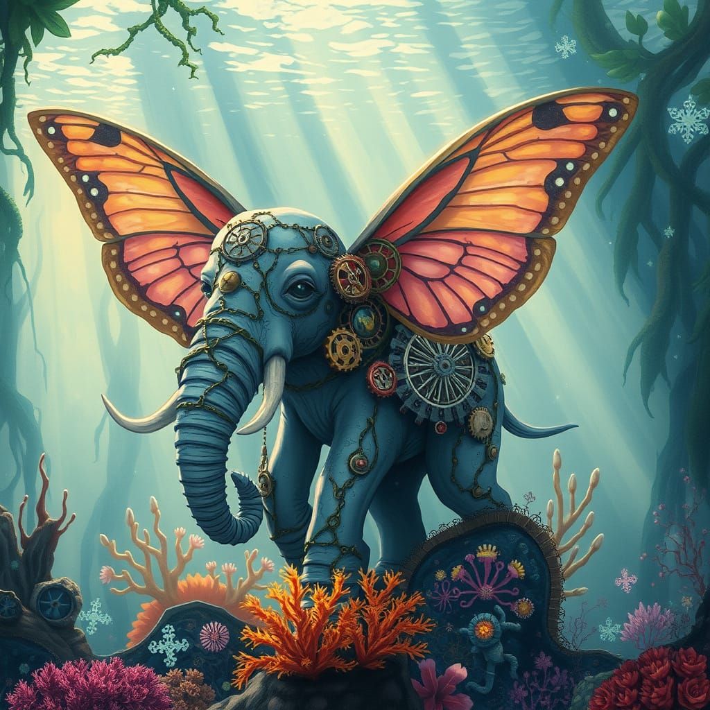 Clockwork Elephant Emerges in Underwater Forest