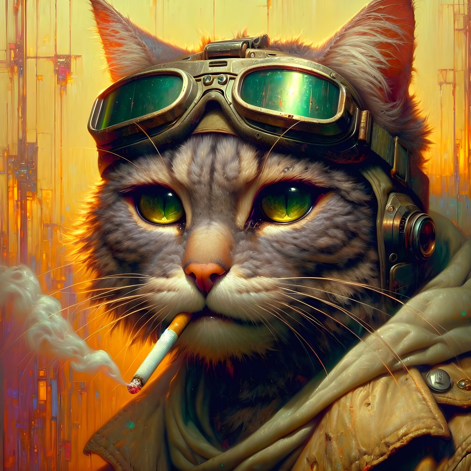 Cyberpunk Tabby Cat Portrait in Anime Oil Painting