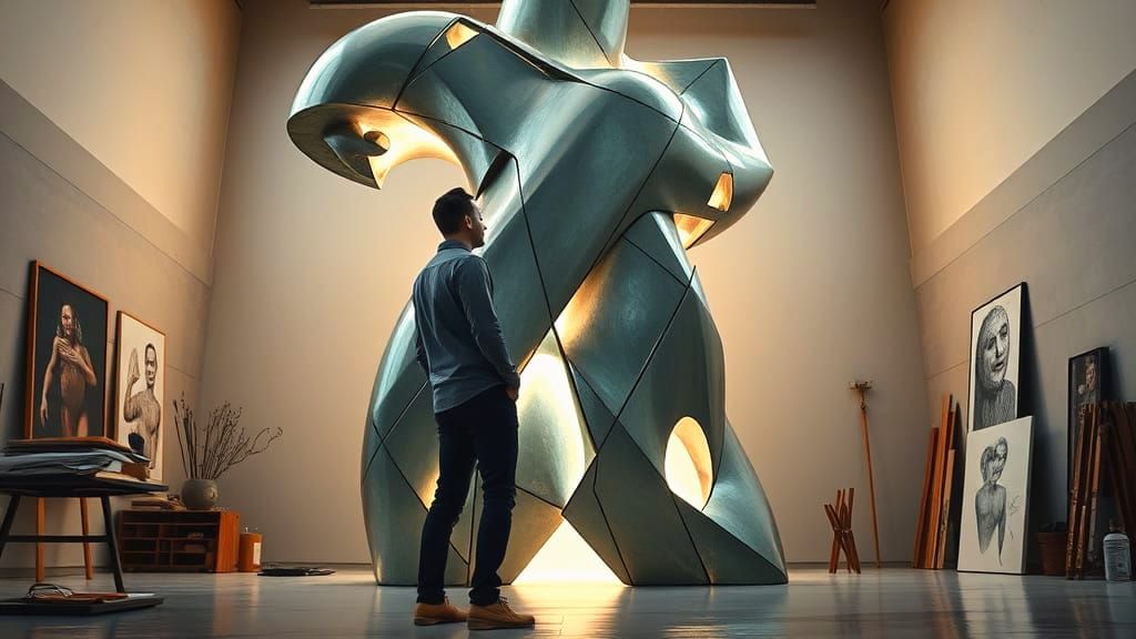 Artist Contemplates Luminous Abstract Sculpture in Surreal S...