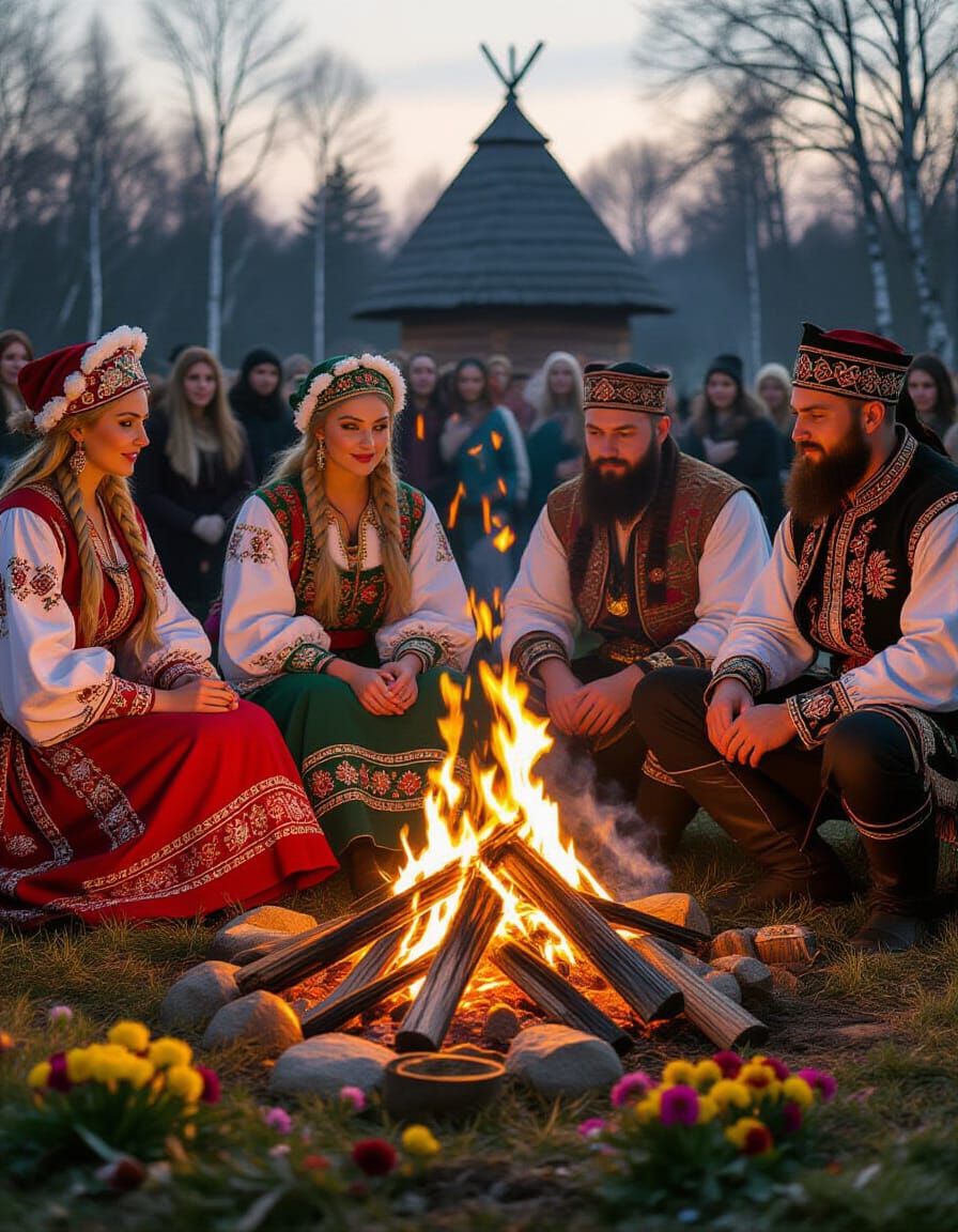 Slavic Spring Celebration Around Bonfire Near Kurhan