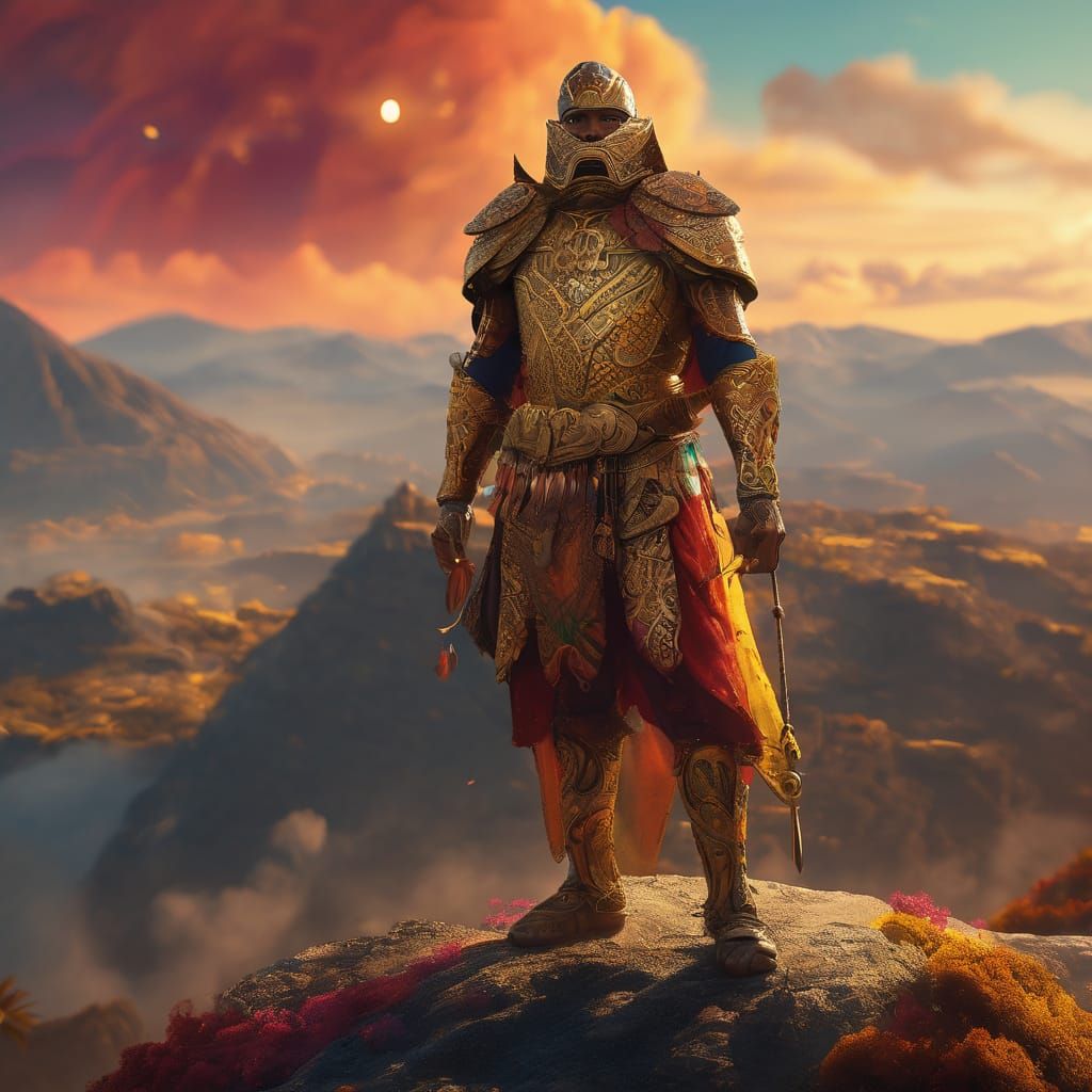 King in Golden Armor on Mountain: Fantasy Art