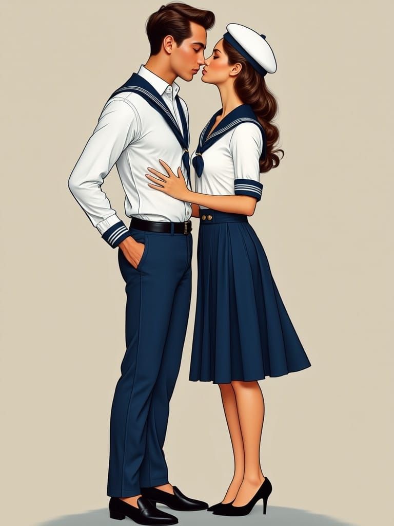 Romantic Sailor-Style Couple in Tender Embrace