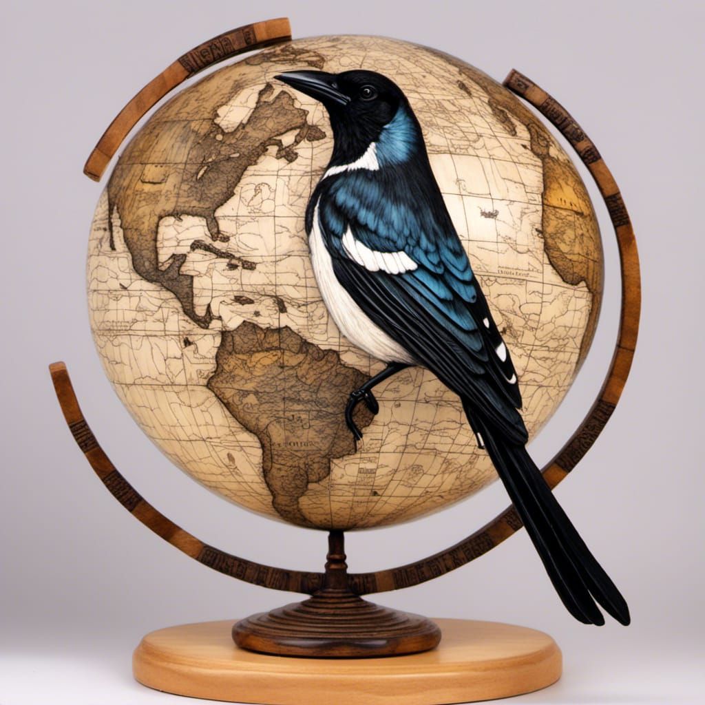 Magpie on Globe in Pyrography Style