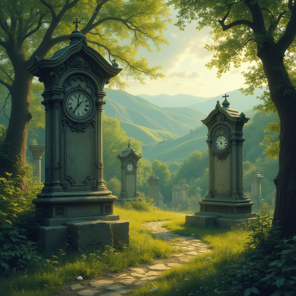 Ethereal Graveyard Scene with Clocks and Lush Greenery