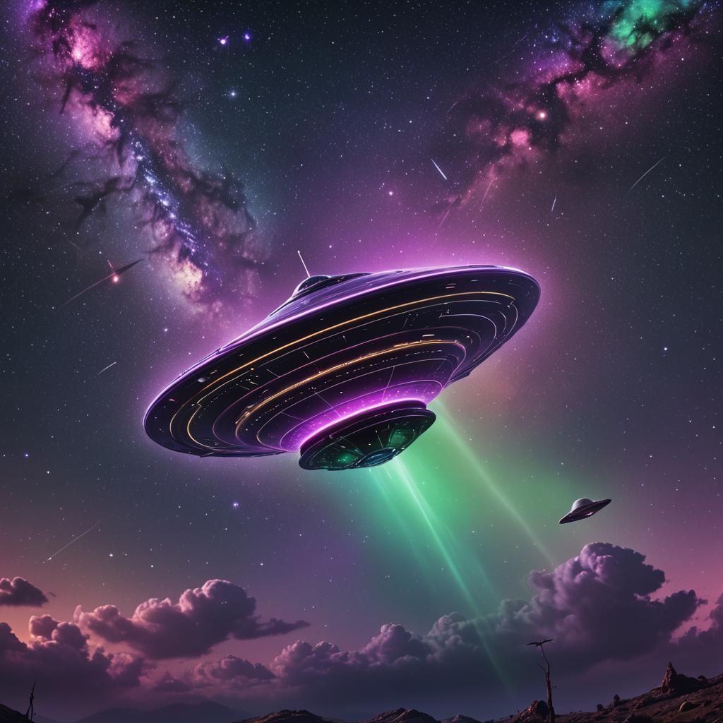 Flying Saucer Soaring in Starry Night Sky
