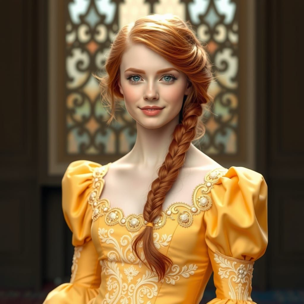 Beautiful Red-Haired Girl in Yellow Gown