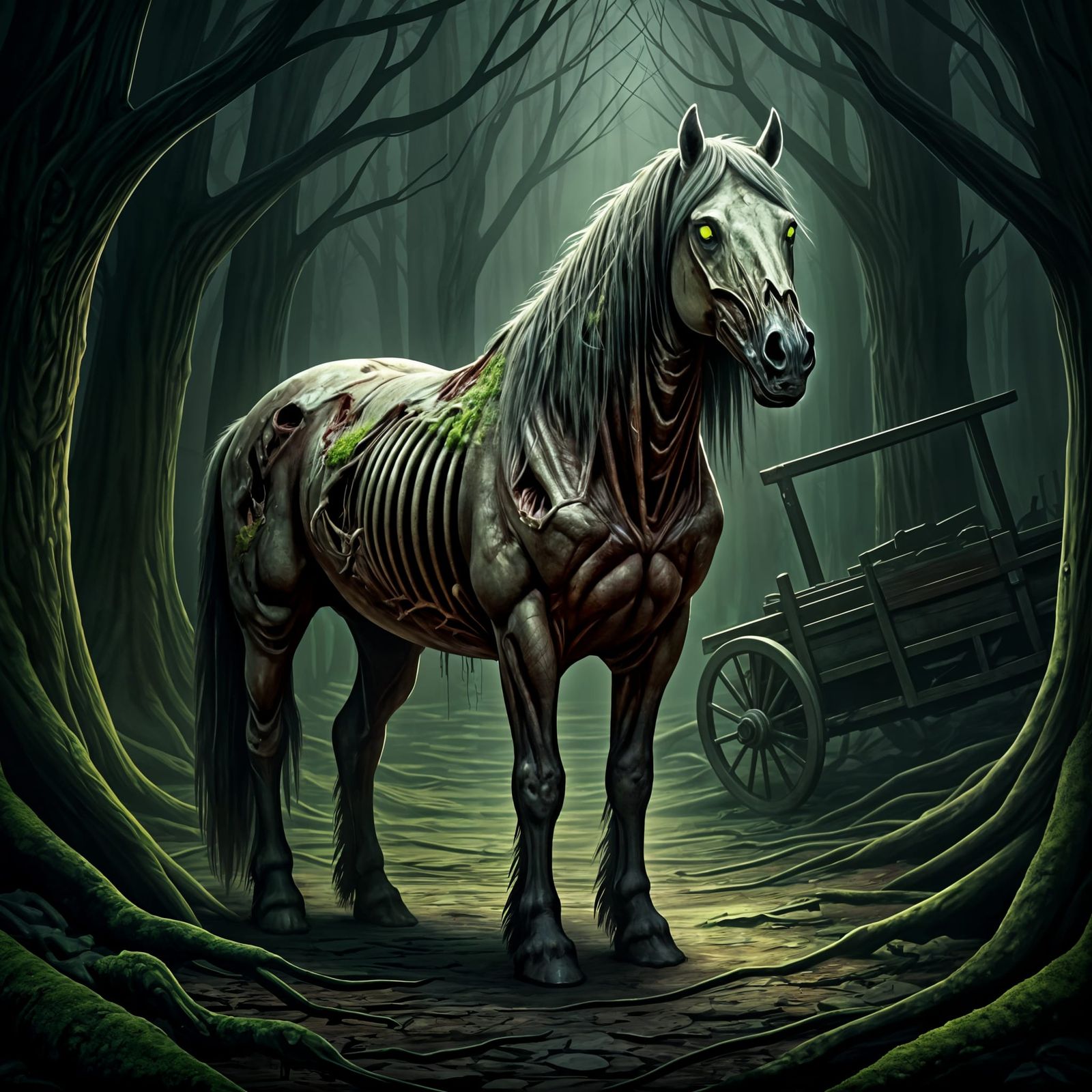 Zombie Draft Horse in Dark Forest with Eerie Glow
