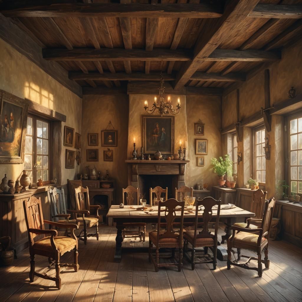 Cozy Medieval Sitting Room in Vibrant Oil Painting Style