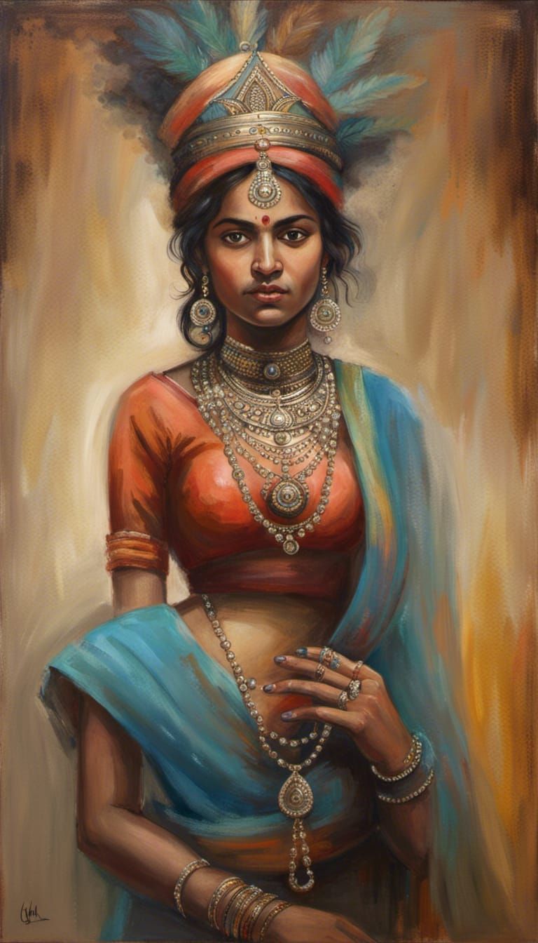 A haunting gothic impressionist portrait of a Gupta Empire Indian woman adorned in traditional attire with a trishula sy...