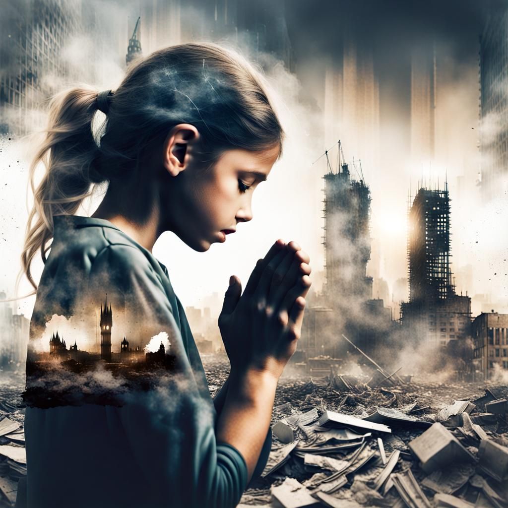 Double Exposure: Praying Girl in War-Torn City