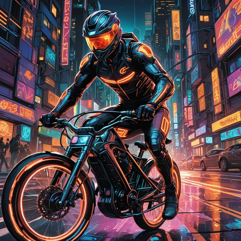 Futuristic Bicycle Speeds Through Neon City: Comic Art
