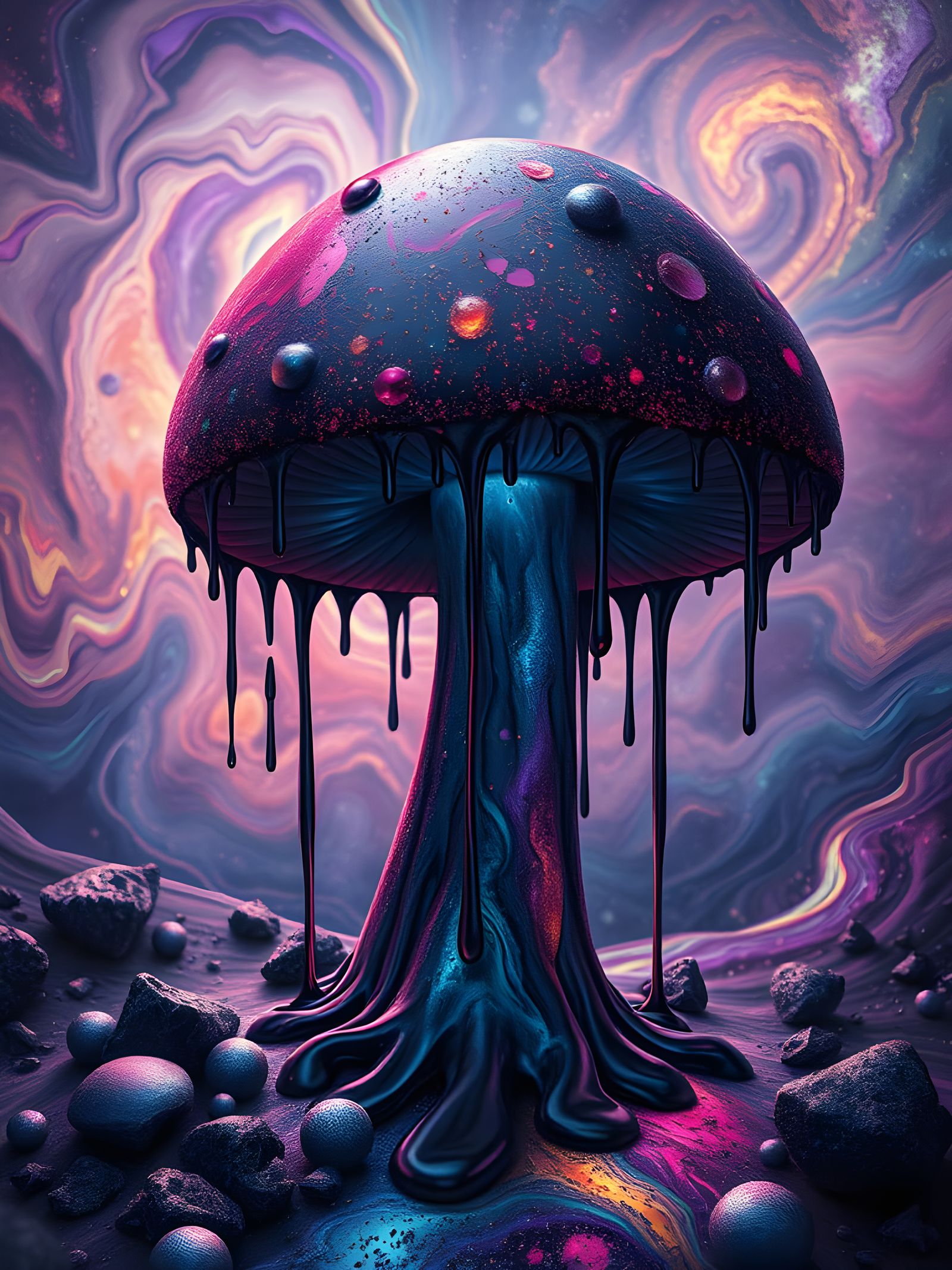 Whimsigoth Mushroom in a Kaleidoscope Cosmic Landscape