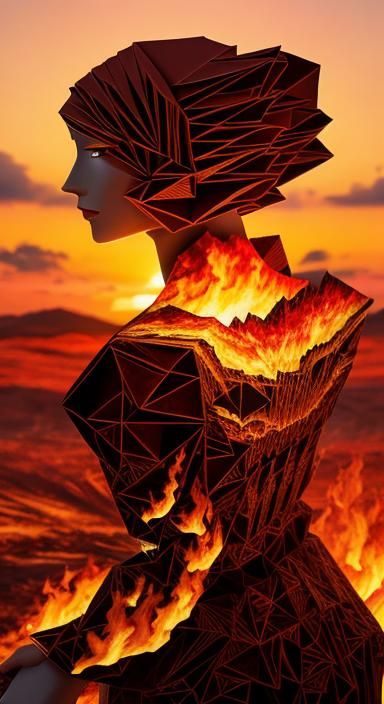 Fiery Sunset Girl: Origami Papercraft Portrait