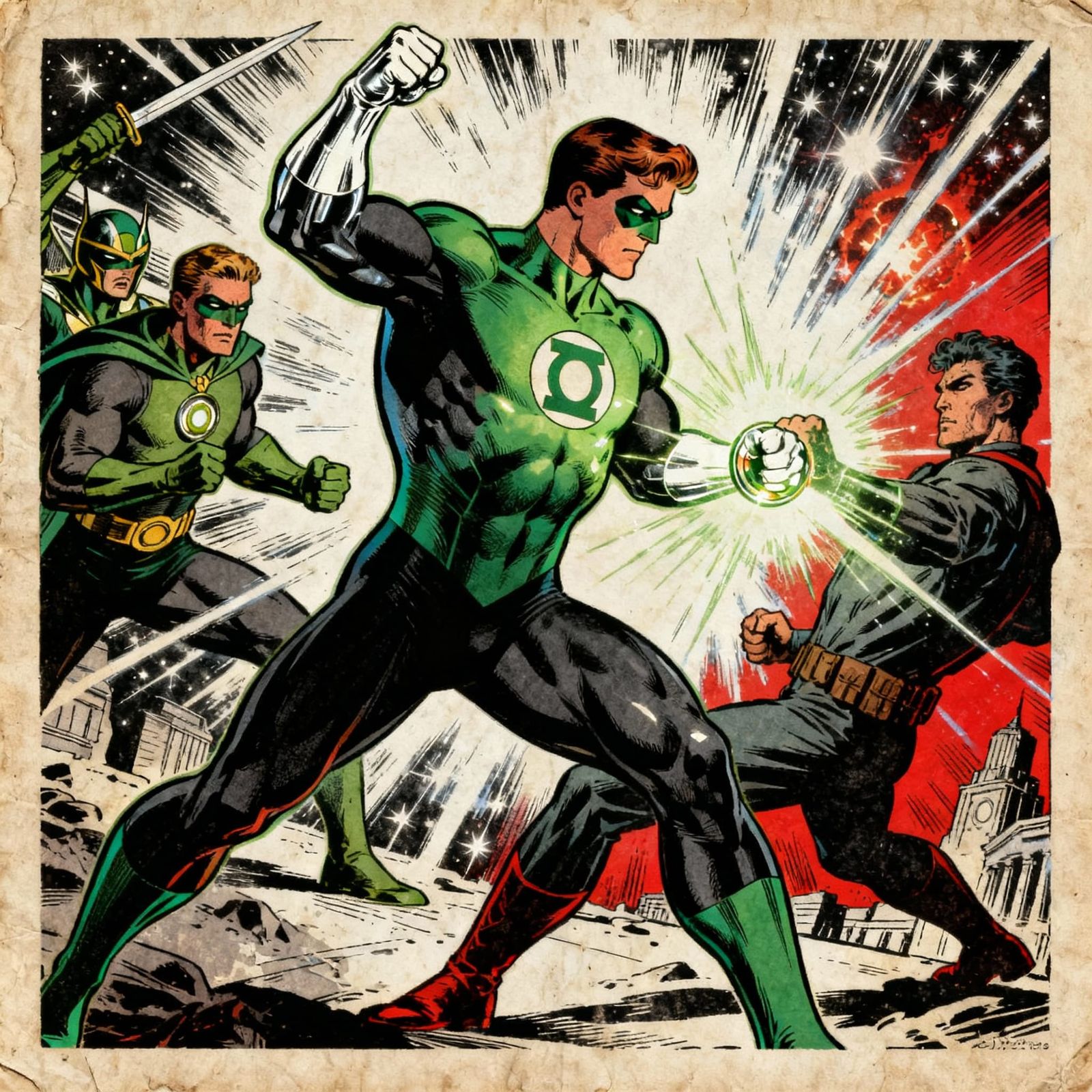 Green Lantern Fights Sinestro Corps in Vintage Comic Style