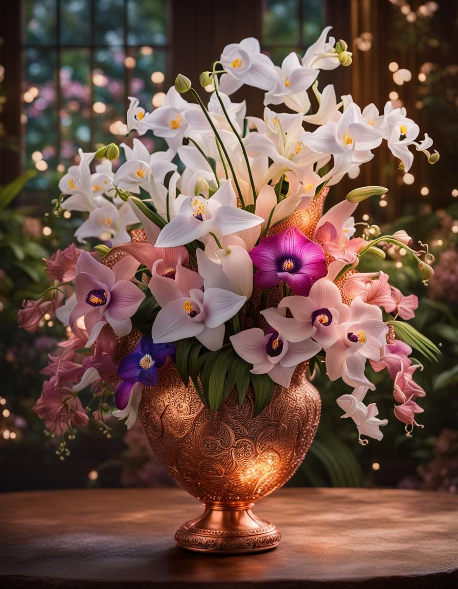 Floral Arrangement in Copper Vase, Hyperrealistic Photograph...