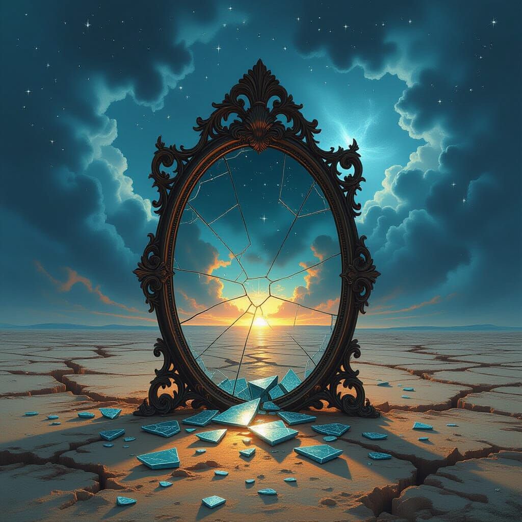 Ethereal Light in Shattered Baroque Mirror
