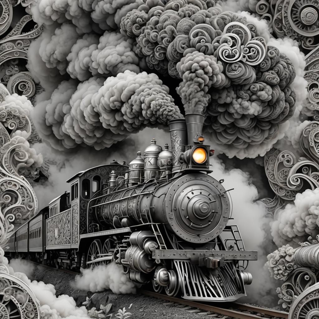 Swirling Smoke Steam Train in Zentangle Style