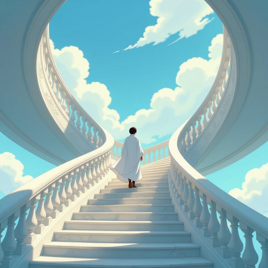 Endless Staircase in Anime Style, Inspired by Ghibli
