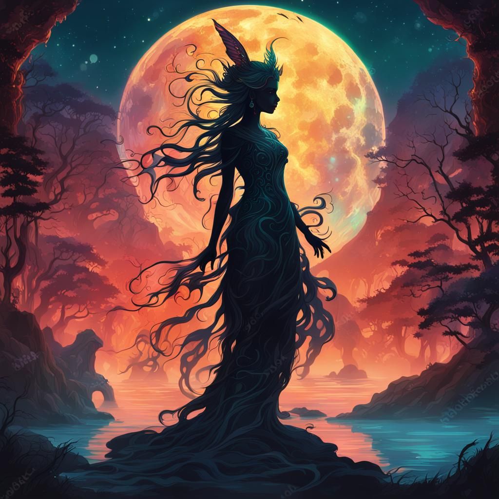 Glowing Nymph Silhouette in Detailed Matte Painting