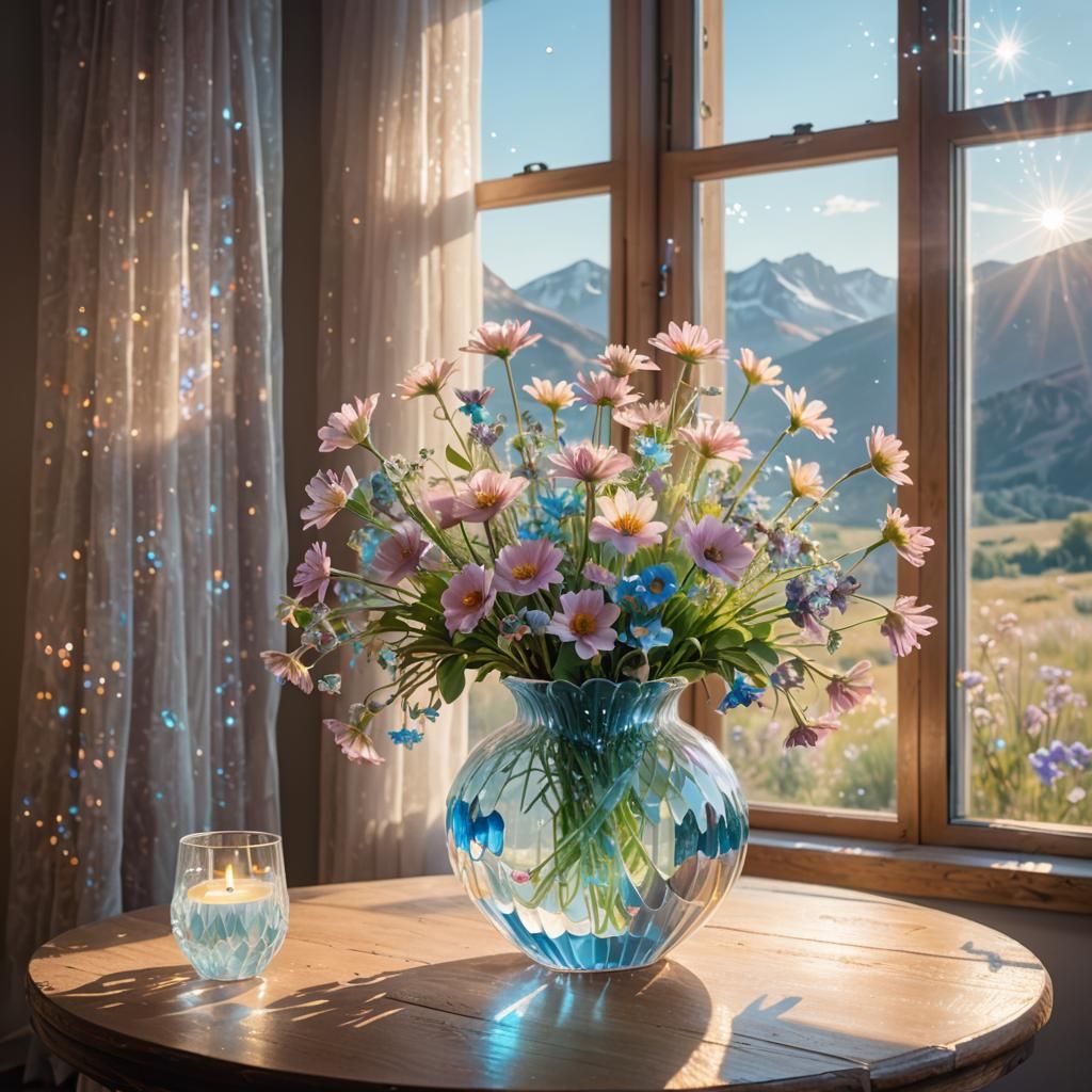 Bioluminescent Flowers in Crystal Vase