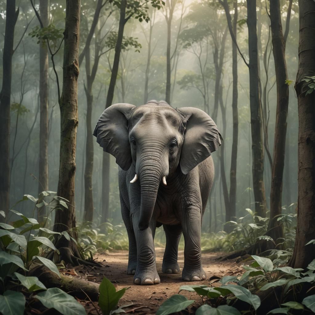 Lost Elephant Calf in Moody Watercolor Forest