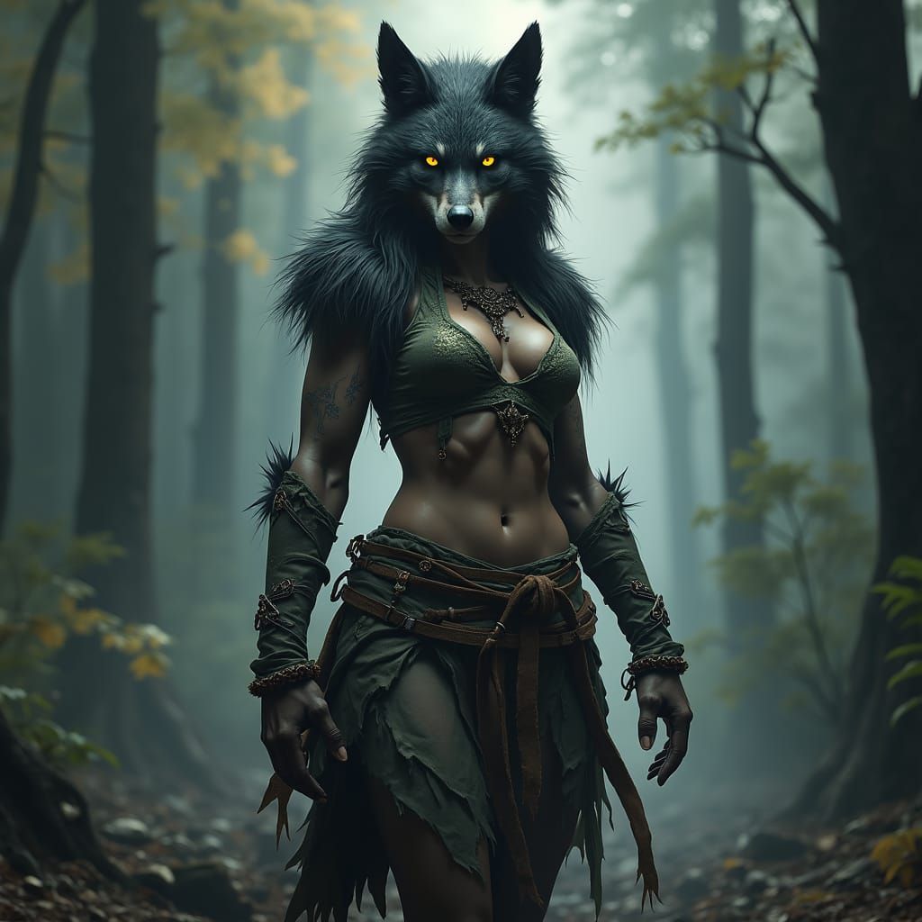 Realistic Anthro Werewolf in Mystical Forest, Fantasy Art
