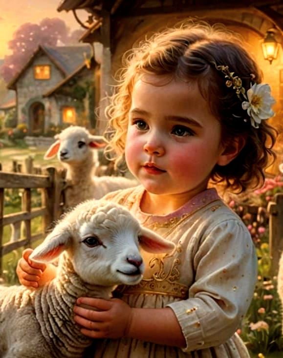 Baby Girl Feeds Lamb: Hyperrealistic Fantasy Scene