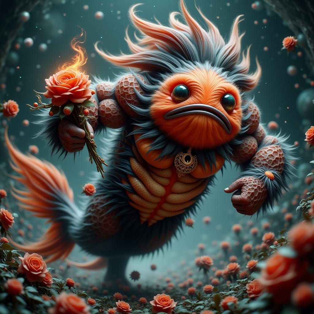 Muscular Furry Goldfish with Floral Tattoos and Jewelry