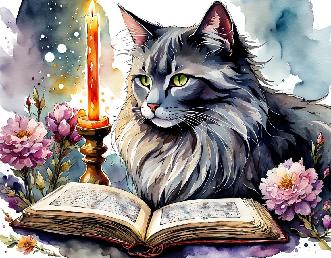 Dreamy Cat Surrounded by Magic, Digital Watercolor