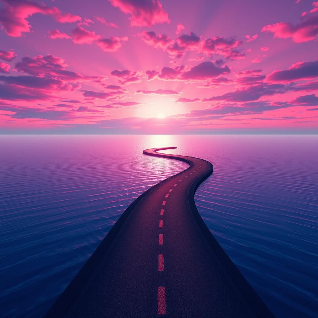Lake Road Reflects Colorful Sunset: 3D Digital Art