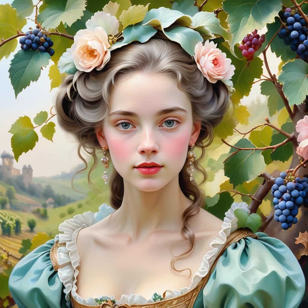 Rococo Portrait of Woman in Vineyard, Baroque Painting