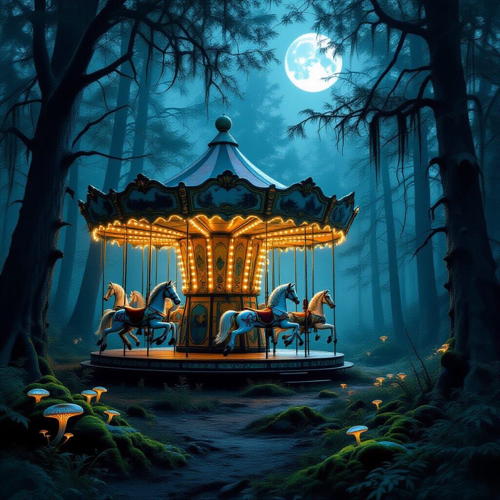 Abandoned Carousel in Enchanted Forest by Moonlight