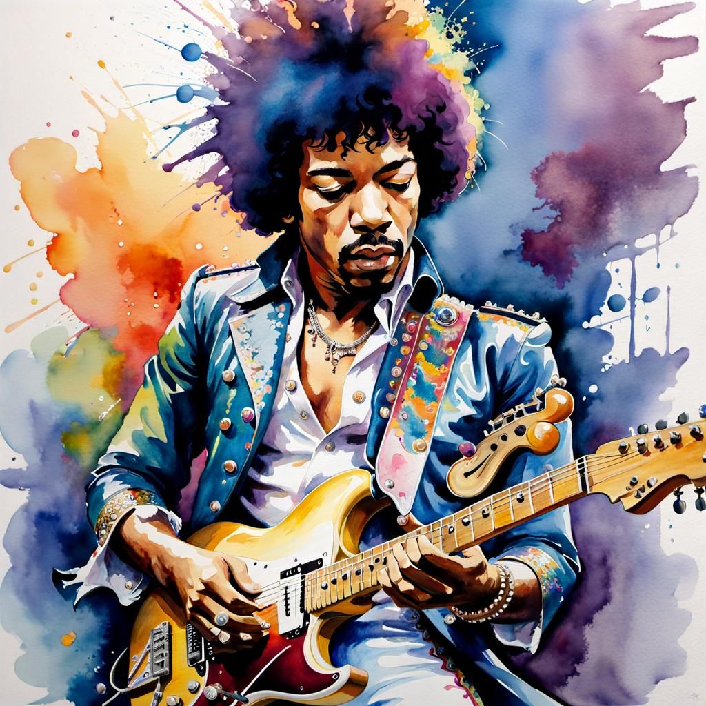 Jimi Hendrix Portrait in Watercolor Action Painting Style