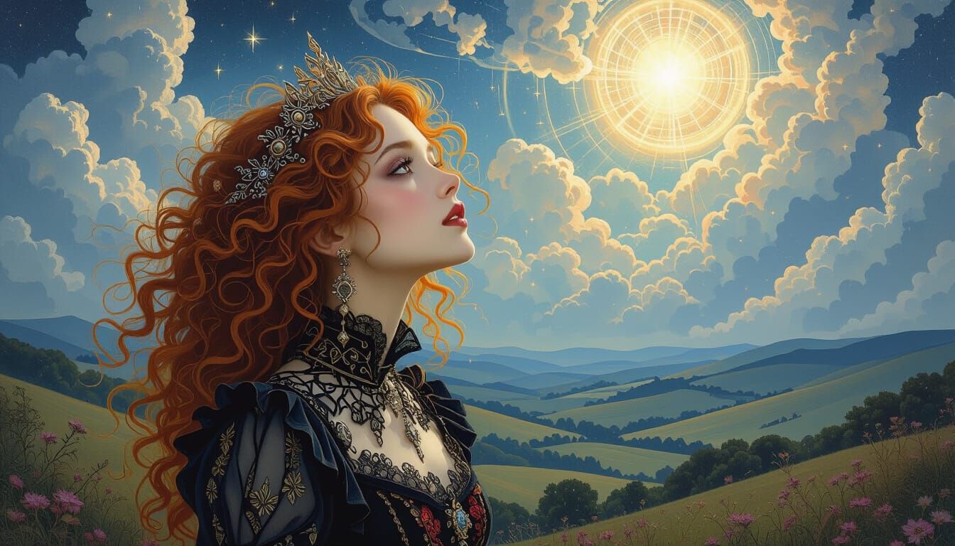 Gothic Woman Gazing at Night Sky in Classic Gothic Art