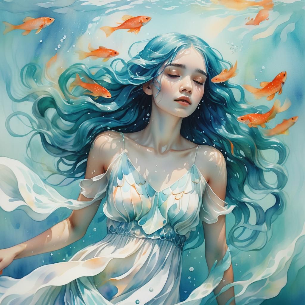 Ethereal Girl Floating Underwater in Watercolour Style