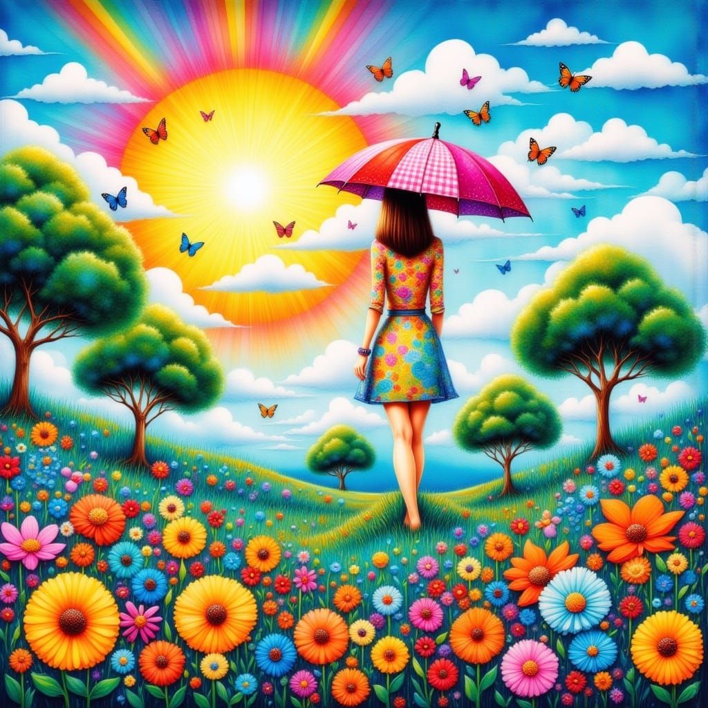 Surreal 1960s Model in Whimsical Floral Wonderland