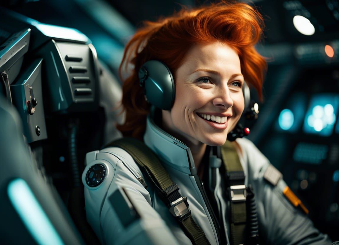Redhead Pilot in Futuristic Space Fighter Cockpit