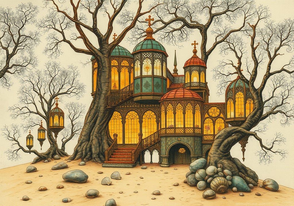 Magical Greenhouse Cathedral in Voynich Manuscript Style