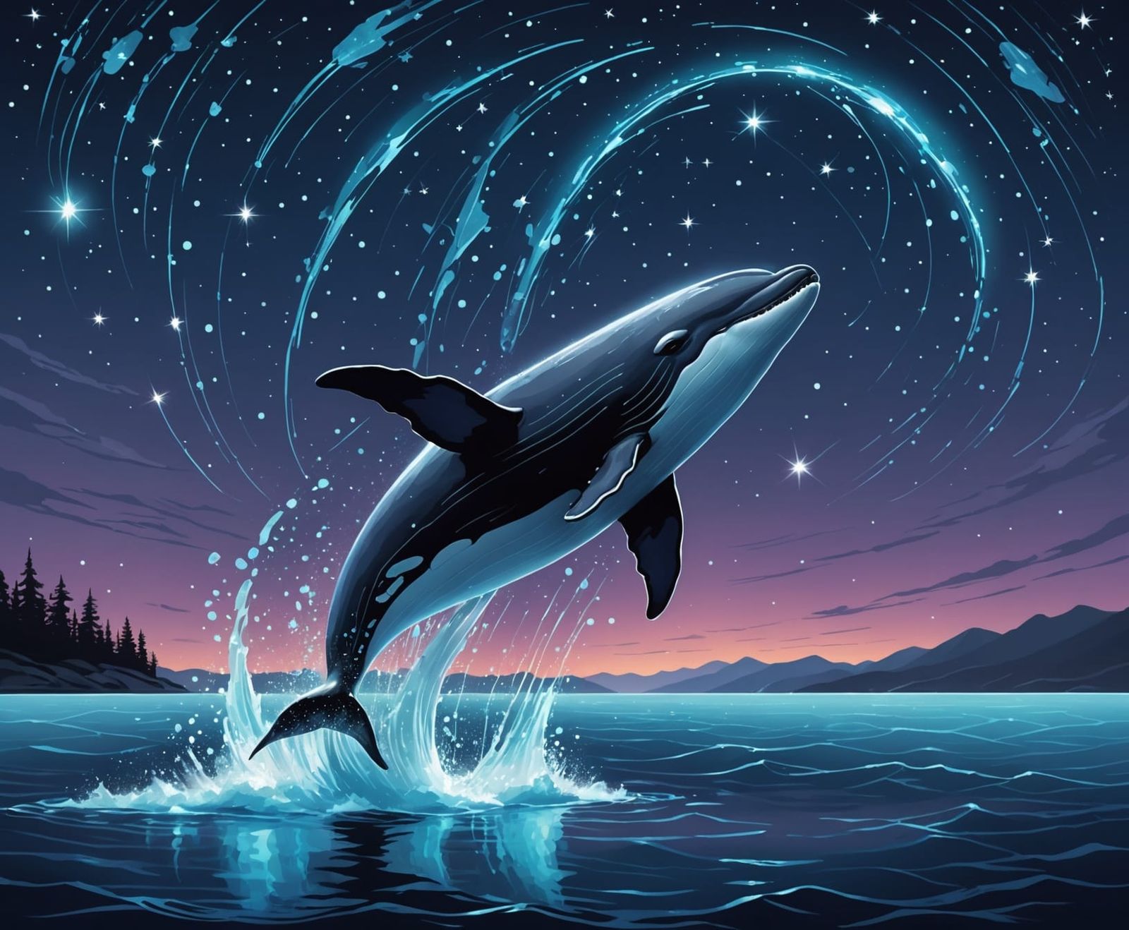 Bioluminescent Whale Breaching Starlit Ocean