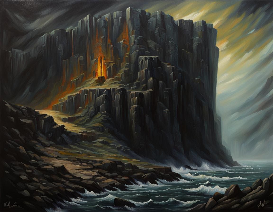Dark Sinister Cliff Landscape as Oil Painting